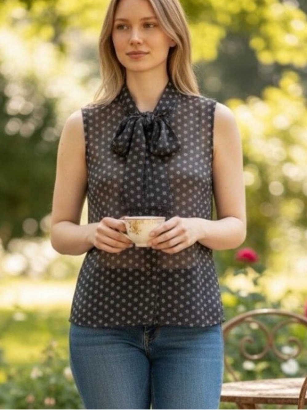 Old Navy Vintage Sheer Gray Polka Dot Tie Neck Sleeveless Blouse Pussybow XS